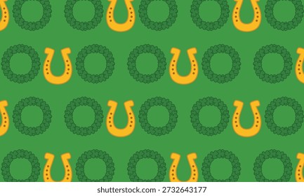 St Patricks Day seamless pattern with horseshoe and shamrock wreath