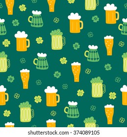 St. Patrick's Day seamless pattern with beer glasses, quatrefoil and shamrock on green background. Perfect for wallpapers, gift papers, patterns fills, textile,  St. Patrick's Day greeting cards
