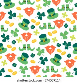 St. Patrick's Day seamless pattern with coins, beard, leprechaun hat, shoes, quatrefoil and shamrock. Perfect for wallpapers, gift papers, patterns fills, textile, St. Patrick's Day greeting cards