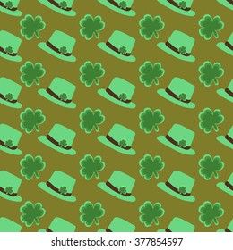 St. Patrick's Day seamless pattern with leprechaun hat, quatrefoil and shamrock. Perfect for wallpapers, gift papers, patterns fills, textile, St. Patrick's Day greeting cards