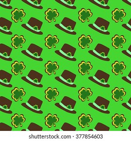 St. Patrick's Day seamless pattern with leprechaun hat, quatrefoil and shamrock. Perfect for wallpapers, gift papers, patterns fills, textile, St. Patrick's Day greeting cards