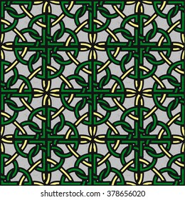 St. Patrick's Day seamless pattern, traditional background, abstract clover leaf  and golder rings, celt's ornament, vector