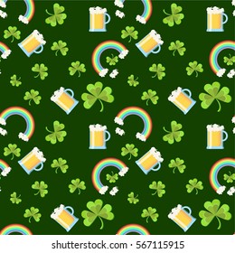 St. Patrick's Day seamless pattern with clover leaves, beer glasses, and rainbow on dark green background. Cartoon vector illustration in flat style. 