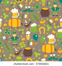 St. Patrick's Day seamless pattern with beer glasses, leprechaun, Irish flag, coins, barrel, balloon, clover, horseshoe, pot and branch. Perfect for wallpaper, holiday greeting cards, gift paper.