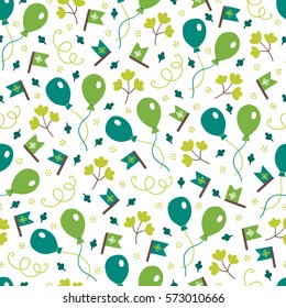 St. Patrick's Day seamless pattern with balloon, leaves, branches and flags. Perfect for wallpaper, holiday greeting cards, gift paper.
