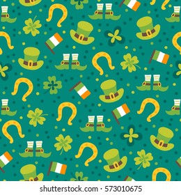St. Patrick's Day seamless pattern with leprechaun hat, Irish flag, shoes, horseshoe and clover. Perfect for wallpaper, holiday greeting cards, gift paper.