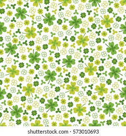 St. Patrick's Day seamless pattern with clover on white background. Perfect for wallpaper, holiday greeting cards, gift paper.