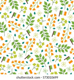 St. Patrick's Day seamless pattern with flowers, Irish flags, branches, leaves and clovers. Perfect for wallpaper, holiday greeting cards, gift paper.