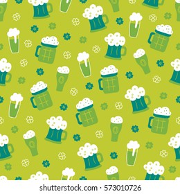 St. Patrick's Day seamless pattern with clovers and beer glasses. Perfect for wallpaper, holiday greeting cards, gift paper.