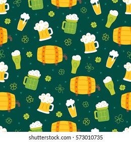 St. Patrick's Day seamless pattern with glasses, beer barrel and clover. Perfect for wallpaper, holiday greeting cards, gift paper.