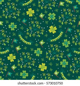 St. Patrick's Day seamless pattern with clover, garland and fireworks. Perfect for wallpaper, holiday greeting cards, gift paper.