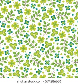 St. Patrick's Day seamless pattern with clover and branches on white background. Perfect for wallpaper, holiday greeting cards, gift paper.