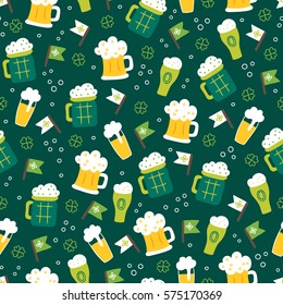 St. Patrick's Day seamless pattern with beer glasses, flags, bubbles and clover. Perfect for wallpaper, holiday greeting cards, gift paper.