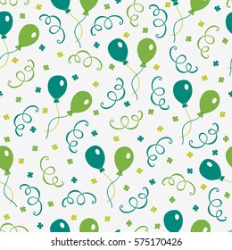 St. Patrick's Day seamless pattern with balloon, clover and serpentine. Perfect for wallpaper, holiday greeting cards, gift paper.