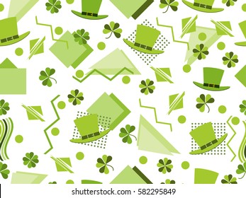 St. Patrick's Day seamless pattern with clover and leprechaun hat in the Memphis style. Vector illustration