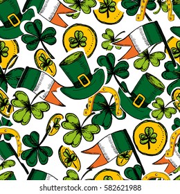 St Patrick's Day  seamless pattern. Hand drawn vector illustration  with shamrock, clover, Irish flag, golden coins, green hat. Ireland symbol pattern. Irish decor for your design. 