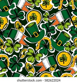 St Patrick's Day  seamless pattern. Hand drawn vector illustration  with shamrock, clover, Irish flag, golden coins, green hat. Ireland symbol pattern. Irish decor for your design.