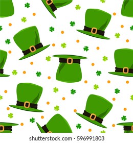 St. Patrick's Day seamless pattern. Green Irish hat with clover on white background