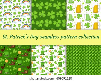 St. Patrick's Day seamless pattern collection with beer and clover. Endless backdrop texture. Vector illustration.