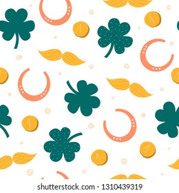 St. Patrick's Day seamless patterns with clover, mustache and horseshoe. Holiday background. Vector hand drawn illustration.