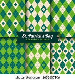 St. Patrick's Day Seamless Patterns Vector Design. Set Of Green Argyle Shamrock Pattern Background