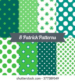 St. Patrick's Day seamless patterns with Polka Dot and Clover in Green, Dark Green, Teal and White. Perfect for wallpapers, gift papers, patterns fills, textile, St. Patrick's Day greeting cards