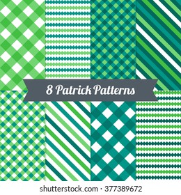 St. Patrick's Day seamless patterns with Gingham, Stripes and Diagonal Lines in Green, Dark Green, Teal and White. Perfect for wallpapers, gift papers, patterns fills, textile, greeting cards