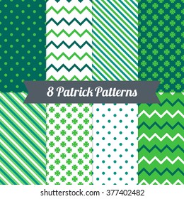 St. Patrick's Day seamless patterns with Diagonal Stripes, Polka Dot, Chevron and Clover in Green, Dark Green, Teal and White. Perfect for wallpapers, gift papers, patterns fills, greeting cards