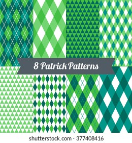 St. Patrick's Day seamless patterns with Harlequin, Argyle and Triangles in Green, Dark Green, Teal and White. Perfect for wallpapers, gift papers, patterns fills, textile, greeting cards