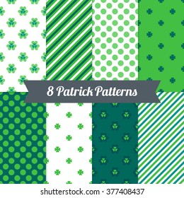 St. Patrick's Day seamless patterns with Shamrock, Diagonal Stripes and Polka Dot in Green, Dark Green, Teal and White. Perfect for wallpapers, gift papers, patterns fills, textile, greeting cards