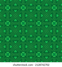 St. Patricks Day seamless vector pattern. Clover, Heart and Celtic Knot Tileable Background in Green color.