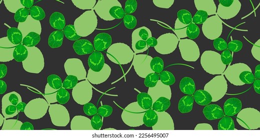 St. Patrick's Day. Seamless vector pattern of clover leaves-trefoils. Linear and full color elements on dark gray background.