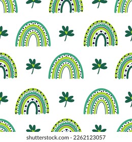 St Patrick's Day seamless vector pattern. Cute bright rainbow and shamrock for good luck. Green clover leaf, symbol of the Irish holiday. Flat cartoon background for baby wallpapers, textiles, posters