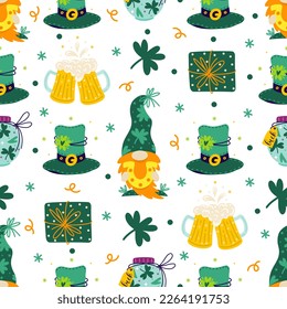 St. Patrick's Day seamless vector pattern. Holiday symbols - cute gnome with a horseshoe, beer, cheers, gifts, shamrock for good luck, clover leaf, top hat. Flat cartoon background for posters, cards
