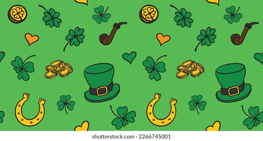 St. Patrick's Day seamless vector pattern with clover, smoking pipe, green hat, horseshoe, coins. 