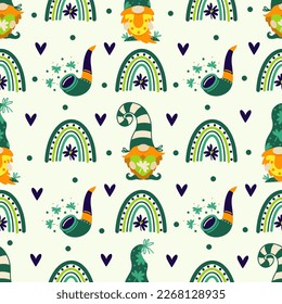 St. Patrick's Day seamless vector pattern. Holiday symbols - cute gnomes with a horseshoe and a heart, leprechaun's smoking pipe, rainbow, clover leaf for good luck. Flat cartoon background for card