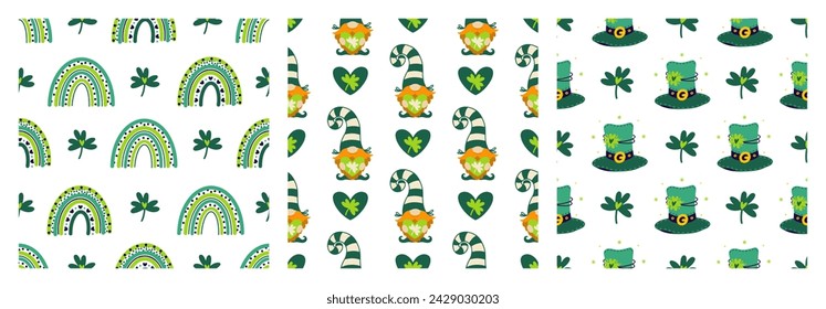 St. Patrick's Day seamless vector patterns set. Festive elements - funny gnome, leprechaun hat, green rainbow, four leaf clover, heart for good luck. Celebrating Irish holiday, cartoon backgrounds