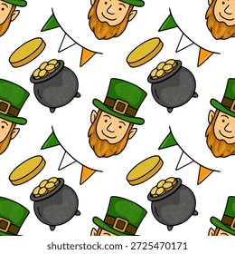 St. Patrick's Day seamless vector pattern with leprechauns, pots of gold, and festive bunting