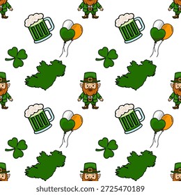 Dia de São Patrício padrão de vetor sem costura com leprechauns, cerveja verde, trevos e mapa da Irlanda