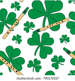 St Patrick's Day seamless vector pattern - shamrocks and penny whistles.