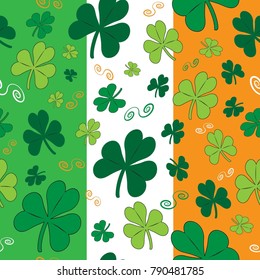 St Patrick's Day seamless vector pattern - Shamrocks on green, white and orange Irish flag striped background to celebrate the Patron Saint of Ireland.