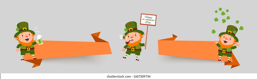 St. Patricks Day set of banners with leprechauns, smoking pipe, shamrock clover, pint of green beer in national colors. Isolated stickers for festive design with place for text