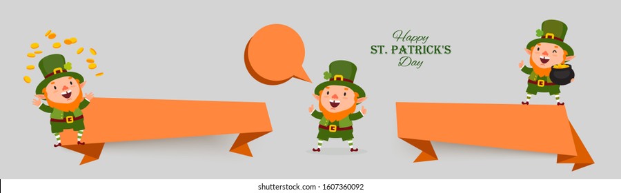 St. Patricks Day set of banners with leprechauns, gold coins, clover, pot of gold in national colors. Isolated stickers for festive design with place for text