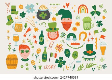 St. Patrick's Day set - beer, star, rainbow, coin, shamrock, barrel, flag, leaves, leprechaun, man, gnome on white background. Perfect for greeting cards, decorations. Vector illustration