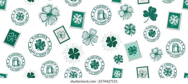 St. Patrick's Day set, beer, clover, Stamps, mail, postcard, Hand drawn illustrations	