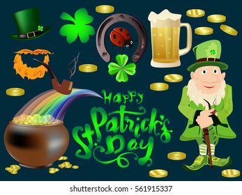 St. Patrick's Day set for a card with a horseshoe for good luck, clover gold, pot, beer, rainbow, tobacco pipes, coins, mustache, beard, ladybug. Abstract. Vector.
