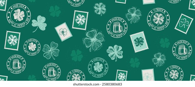 St. Patrick's Day set, clover, beer, on green. Stamps, mail, postcard, Hand drawn illustrations	