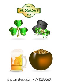St. Patrick's Day set. Clover, hat, beer and cauldron with gold, St. Patrick's day set of icons. Happy St. Patrick's day text.