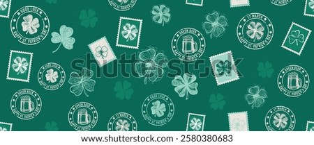 St. Patrick's Day set, clover, beer, on green. Stamps, mail, postcard, Hand drawn illustrations	