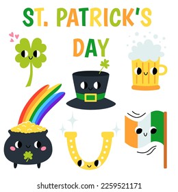 St. Patrick's Day set. Cute groovy retro clipart elements. 70s, 80s, 90s cartoon style.